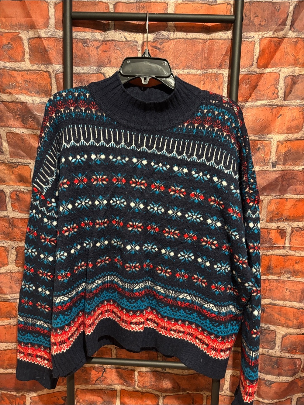 LOFT Navy Fair Isle Turtleneck Sweater with Red & Teal Accents